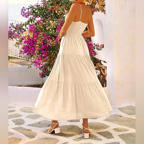 * New Flowy Boho Ruched Cami Maxi Dress Cream Ivory Beige