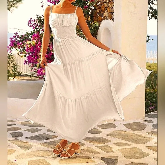 * New Flowy Boho Ruched Cami Maxi Dress Cream Ivory Beige