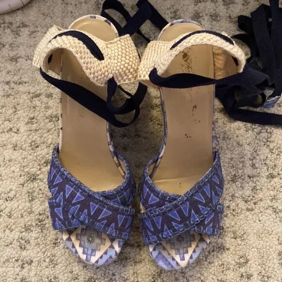 💙 Theodora Callum Biarritz Holiday Wedges in Blue and White