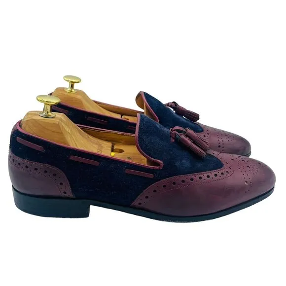 3DM Lifestyle Handcrafted Suede Leather Wingtip Rockabilly Blue Burgundy 9 -9.5