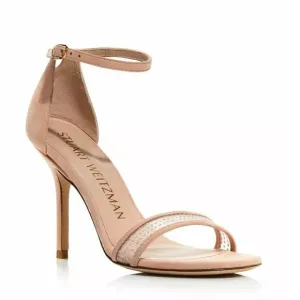 $450 STUART WEITZMAN Adrianna High Heel SUEDE Sandals Poudre light 8.5 (SE36)