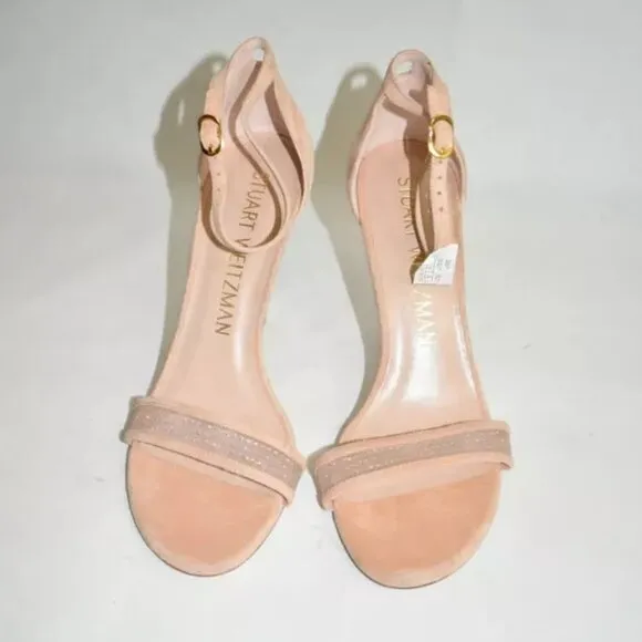 $450 STUART WEITZMAN Adrianna High Heel SUEDE Sandals Poudre light 8.5 (SE36)
