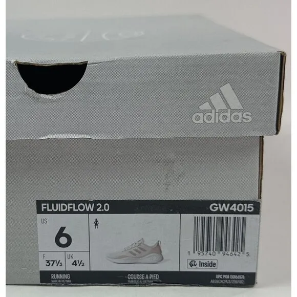 adidas FluidFlow 2.0 Womens 6 White Almost Pink Running Shoes Sneakers GW4015