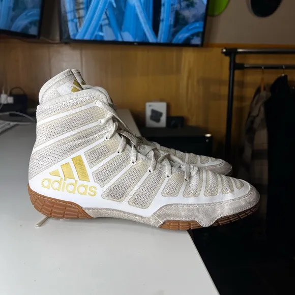 Adidas Jake Varner Wrestling Shoes - White/Vegas Gold/Gum-Size 8.5