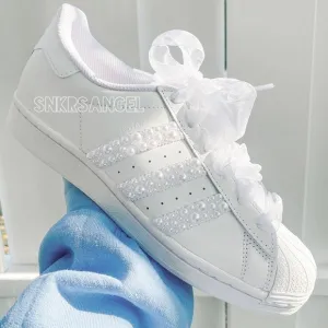 Adidas superstar pearl custom sneakers white bling wedding bridal prom shoes