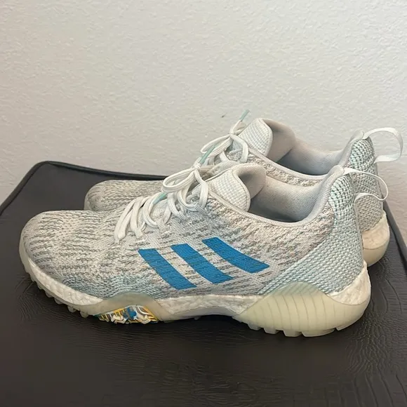 Adidas White and Blue Codechaos Primeblue Golf Shoes