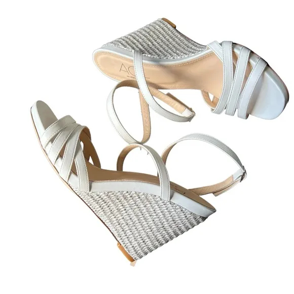 Agl Shoes Dora White Leather Ankle Strap Raffia Wedge Heel Sandals Women’s SZ 10