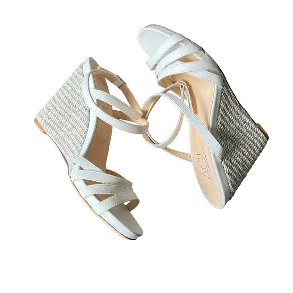 Agl Shoes Dora White Leather Ankle Strap Raffia Wedge Heel Sandals Women’s SZ 10