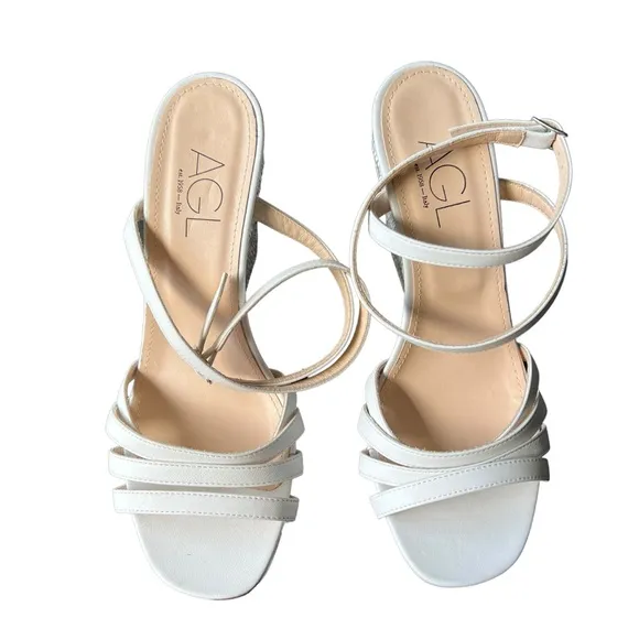 Agl Shoes Dora White Leather Ankle Strap Raffia Wedge Heel Sandals Women’s SZ 10