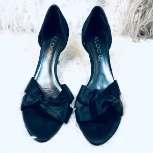 ALDO sz 38 / 7.5M Black Dressy Open Peep Toe Bow Accent High Heeled Pump Shoes