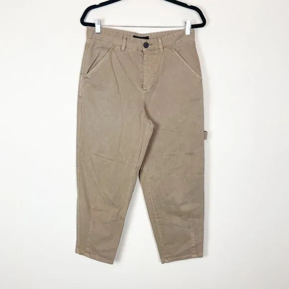 All Saints Men's 28 Khaki Brown Wide Tapered Fit Daisen Trouser Pants Carpenter