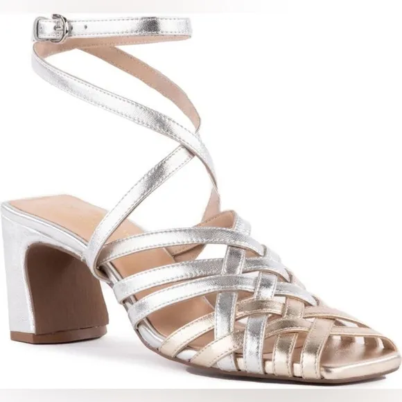 ANTHROPOLOGIE Charter Heels Ankle Straps Sandal Shoes Silver Gold Size 8.5 NWT