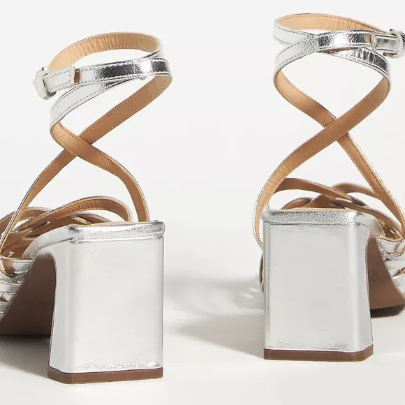 ANTHROPOLOGIE Charter Heels Ankle Straps Sandal Shoes Silver Gold Size 8.5 NWT