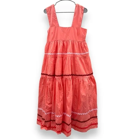Anthropologie Helena Square Neck Tiered Pink‎ Coral Scallop Midi Dress Sz S NEW