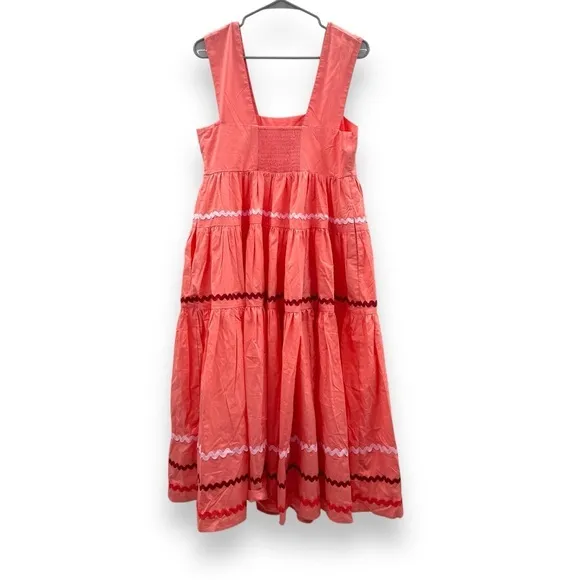 Anthropologie Helena Square Neck Tiered Pink‎ Coral Scallop Midi Dress Sz S NEW