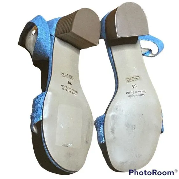 Anthropologie Blue Ankle Strap Sequin Heel Shoes Size 38