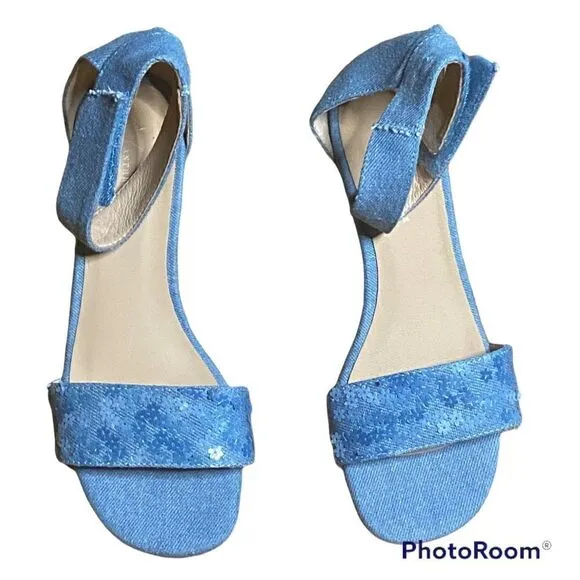 Anthropologie Blue Ankle Strap Sequin Heel Shoes Size 38