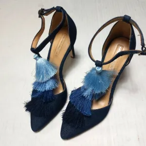 Antonio Melanie Denim Design with Tassels Blue High Heel Ankle Straps Size 6.5M