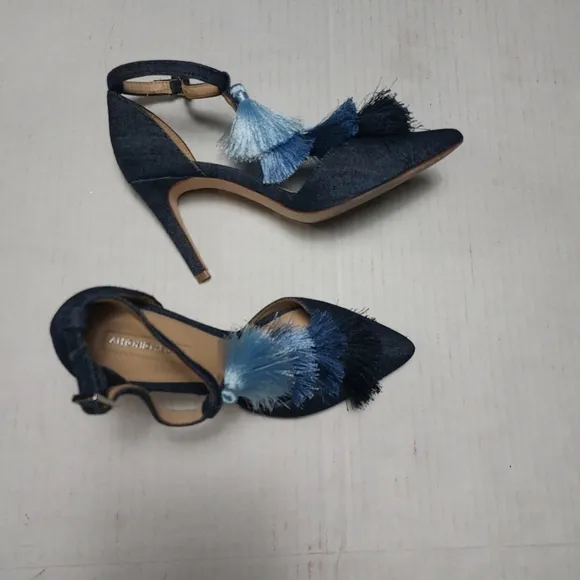 Antonio Melanie Denim Design with Tassels Blue High Heel Ankle Straps Size 6.5M