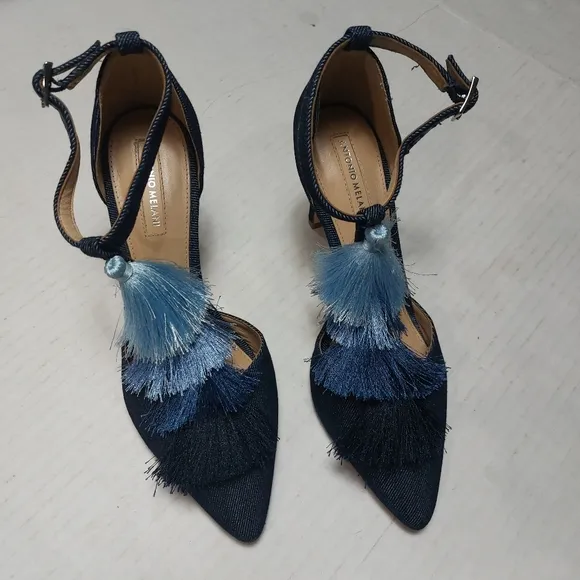 Antonio Melanie Denim Design with Tassels Blue High Heel Ankle Straps Size 6.5M