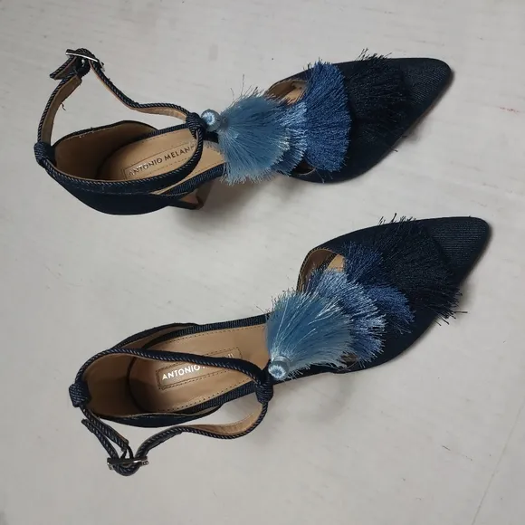 Antonio Melanie Denim Design with Tassels Blue High Heel Ankle Straps Size 6.5M