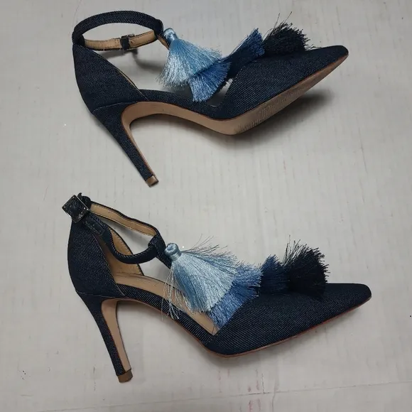 Antonio Melanie Denim Design with Tassels Blue High Heel Ankle Straps Size 6.5M