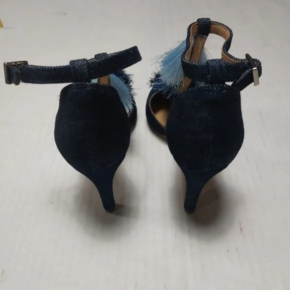 Antonio Melanie Denim Design with Tassels Blue High Heel Ankle Straps Size 6.5M