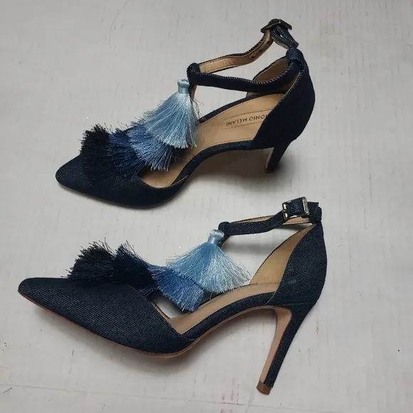 Antonio Melanie Denim Design with Tassels Blue High Heel Ankle Straps Size 6.5M