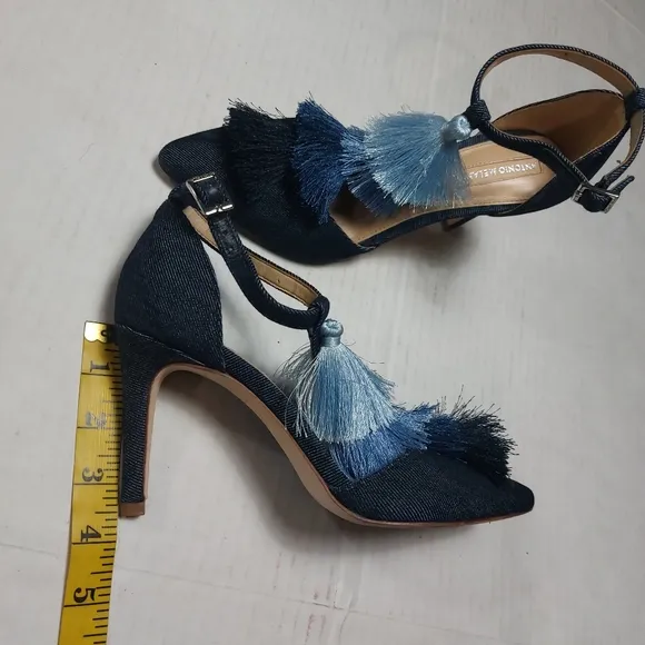Antonio Melanie Denim Design with Tassels Blue High Heel Ankle Straps Size 6.5M