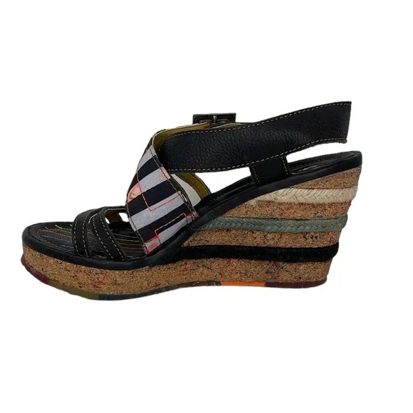Art Heel Womens 8.5 Black Colorful Shoes Pumps Eclectic Bohemian Open Toe