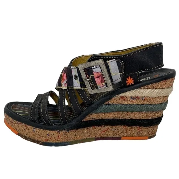 Art Heel Womens 8.5 Black Colorful Shoes Pumps Eclectic Bohemian Open Toe