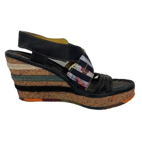 Art Heel Womens 8.5 Black Colorful Shoes Pumps Eclectic Bohemian Open Toe