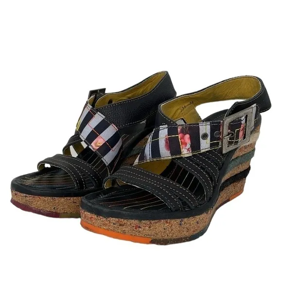 Art Heel Womens 8.5 Black Colorful Shoes Pumps Eclectic Bohemian Open Toe