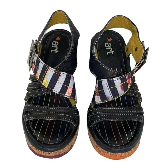 Art Heel Womens 8.5 Black Colorful Shoes Pumps Eclectic Bohemian Open Toe