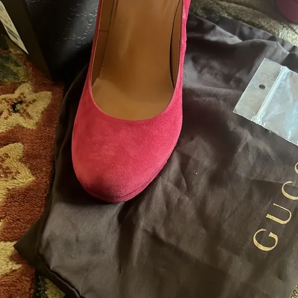 Authentic Gucci Kid Scamosciato Raspberry Red Italy Womens Heels Shoes SZ 38.5