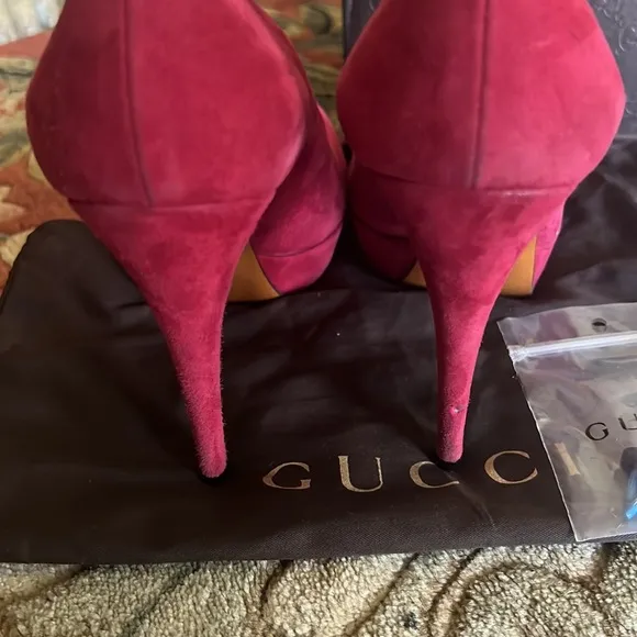 Authentic Gucci Kid Scamosciato Raspberry Red Italy Womens Heels Shoes SZ 38.5