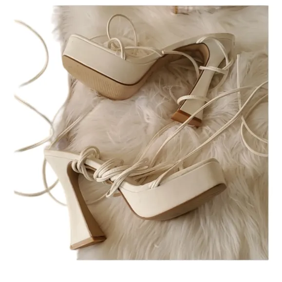 Azalea Wang woman's white leather strappy open toe platform heel shoe si…