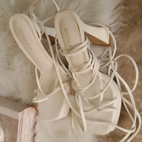 Azalea Wang woman's white leather strappy open toe platform heel shoe si…