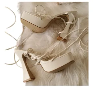 Azalea Wang woman's white leather strappy open toe platform heel shoe si…