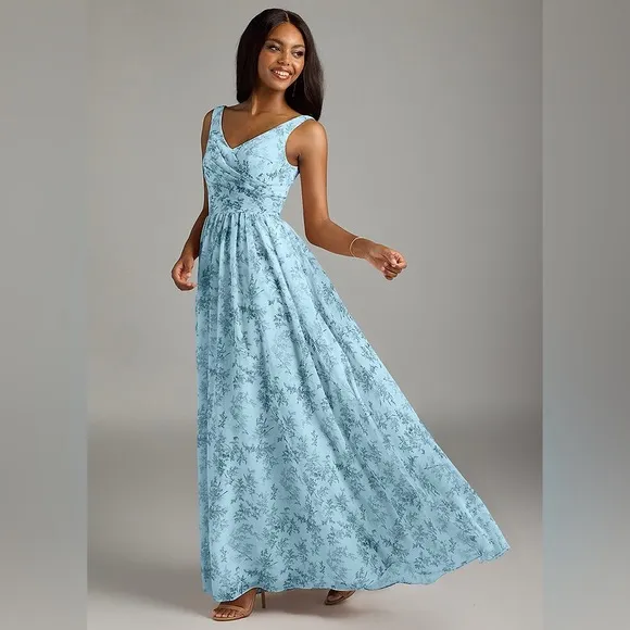 Azazie Keyla Blue Fern Floral Bridemaid Dress size A22