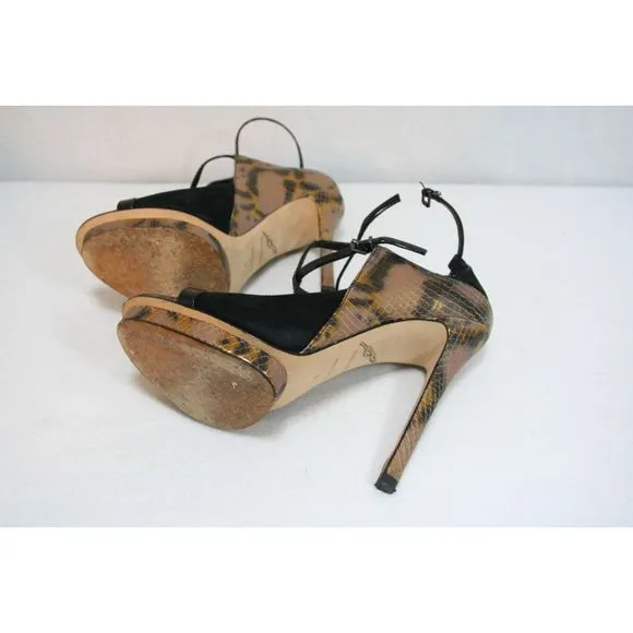 B Brian Atwood Black Patent Suede Gold Crocodile Heels Open-Toe Sandals sz 8
