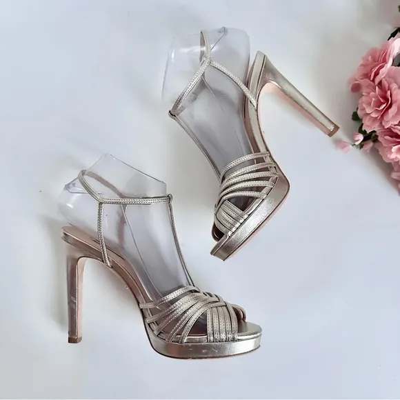 BADGLEY MISCHKA Angelica Metallic Nappa Leather T-Strap High Heel Sandals