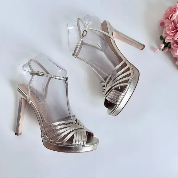 BADGLEY MISCHKA Angelica Metallic Nappa Leather T-Strap High Heel Sandals