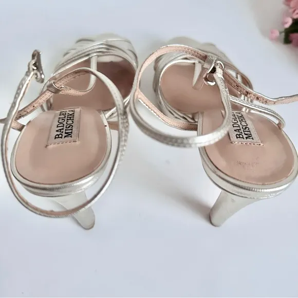 BADGLEY MISCHKA Angelica Metallic Nappa Leather T-Strap High Heel Sandals