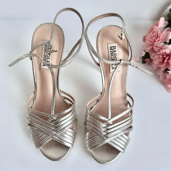 BADGLEY MISCHKA Angelica Metallic Nappa Leather T-Strap High Heel Sandals