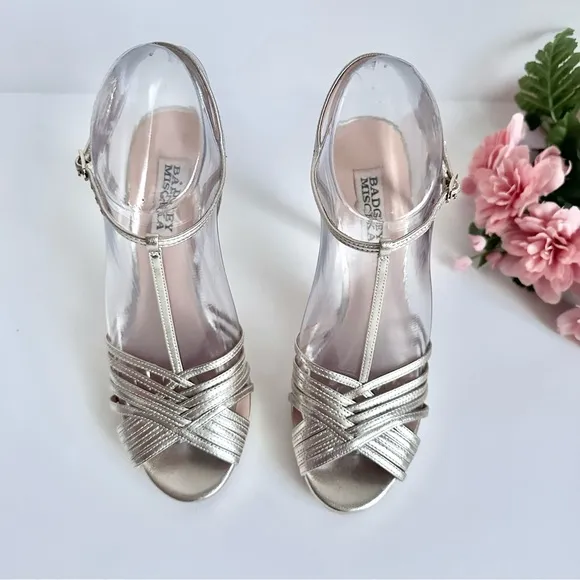 BADGLEY MISCHKA Angelica Metallic Nappa Leather T-Strap High Heel Sandals