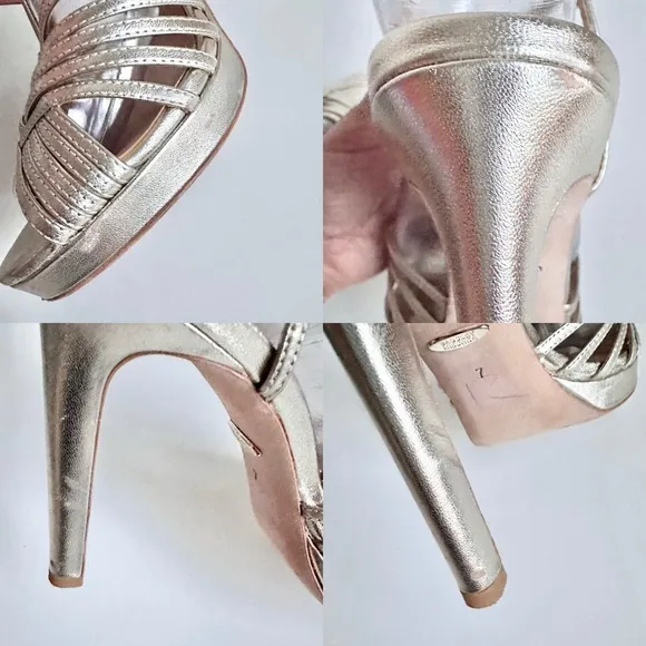 BADGLEY MISCHKA Angelica Metallic Nappa Leather T-Strap High Heel Sandals