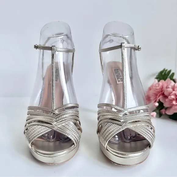 BADGLEY MISCHKA Angelica Metallic Nappa Leather T-Strap High Heel Sandals