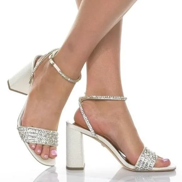 Badgley Mischka Becca Rhinestone Sandals Block Heel Whimsical Bridal Sz 5