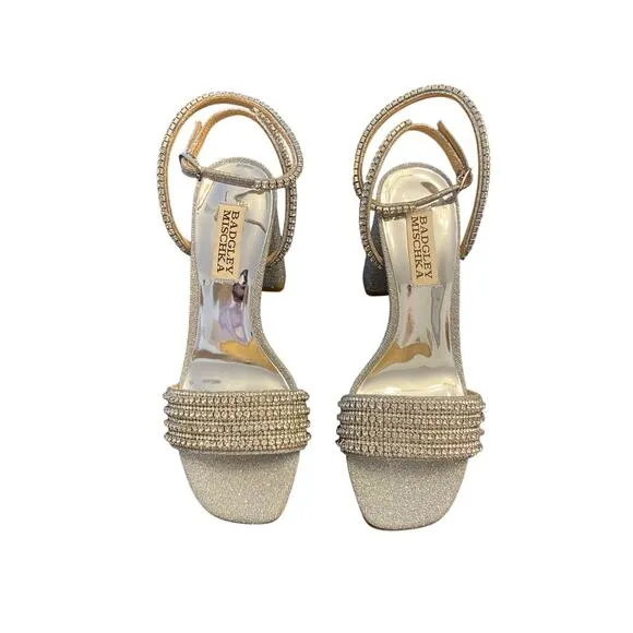 Badgley Mischka Becca Rhinestone Sandals Block Heel Whimsical Bridal Sz 5